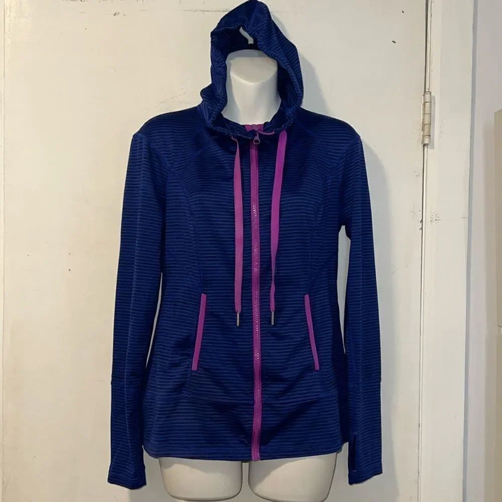 LUKKA Blue and Black Striped Hoodie Full Zip Workout Jacket-S